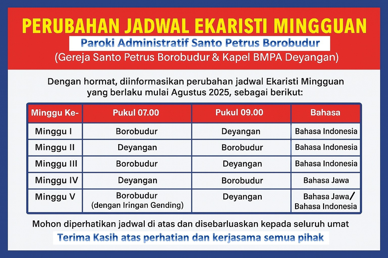 Jadwal Misa Terkini Paroki Administrasi Borobudur.