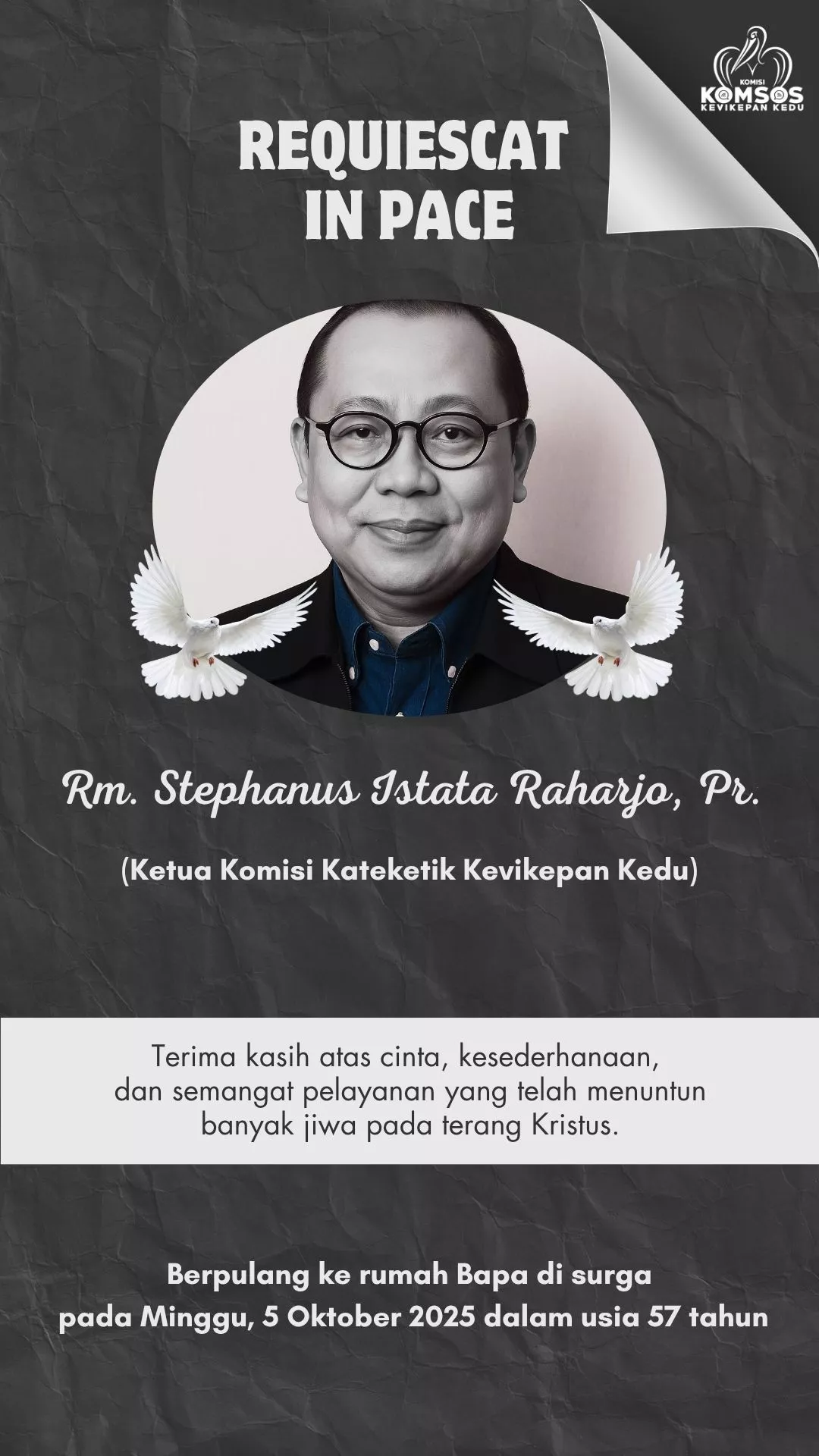 Poster ungkapan duka Romo Istata, Pr/Caecilia Devy/KOMSOS KEDU